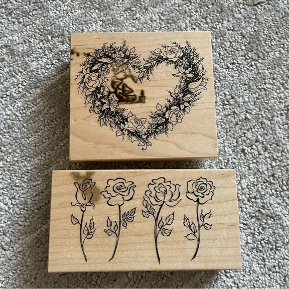 Set of 2 Large Stamps, Floral Heart and Roses Stamp Set, Rubber Stamps, Cards - Picture 1 of 3